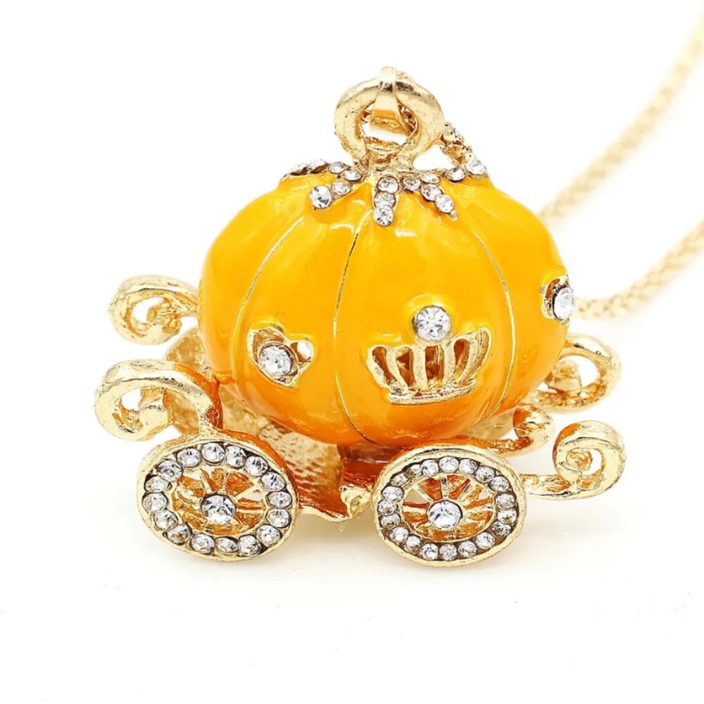 Orange Enamel Crystal Cinderella Pumpkin Car Pendant Women Sweater Necklace New